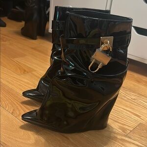 Black faux patent ankle boots